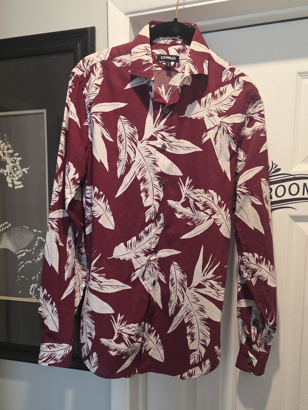 Express Maroon and White Tropical Print Button-Up Shirt